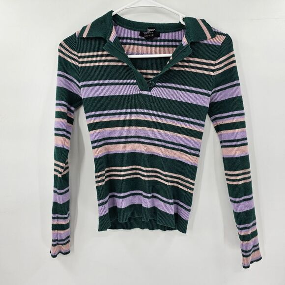 Forever 21 striped long sleeve shirt collar small green pink 90s y2k - Picture 1 of 3